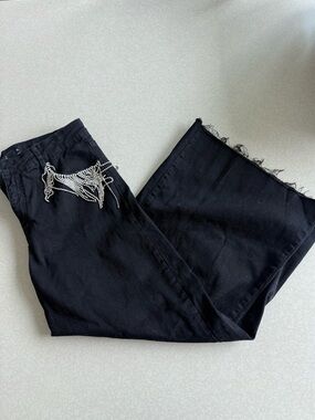 Black Women's Jeans with Fringe Hem and Chain Accent